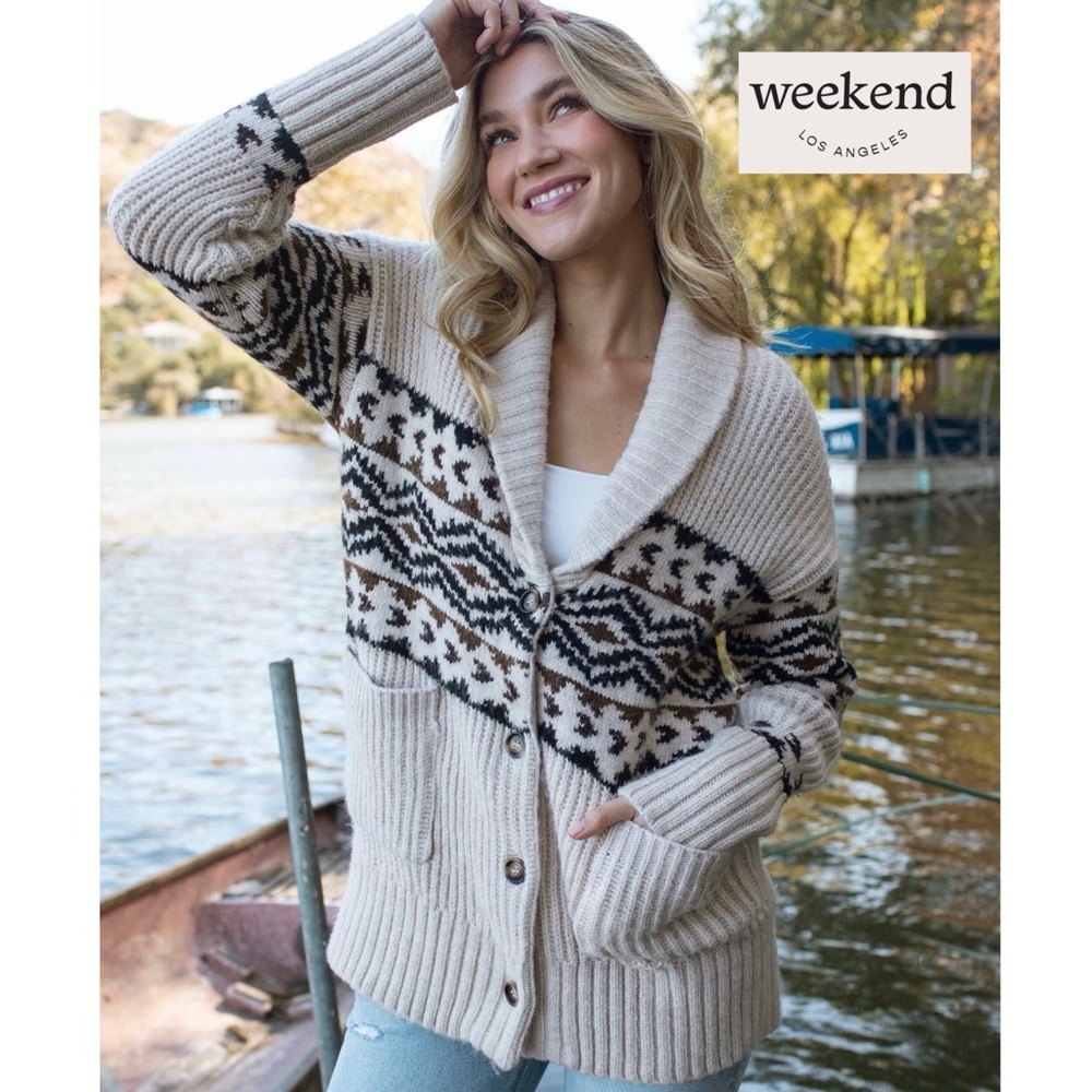 Weekend LA Spencer Cardigan Aztec Border Oatmeal Chunky Knit Oversized Sweater S